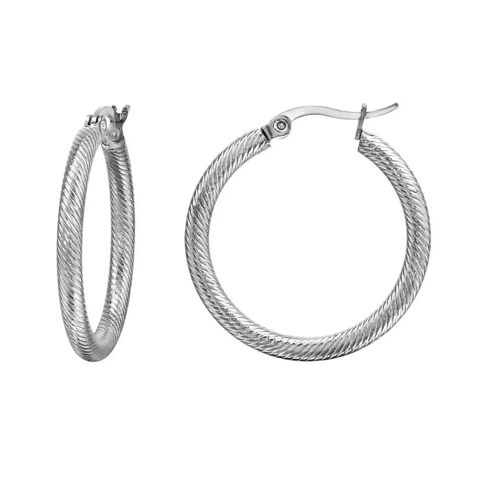 Silver Stainless Steel Hoop Earrings Twisted Rope Everyday‎ Gift Minimal Modern